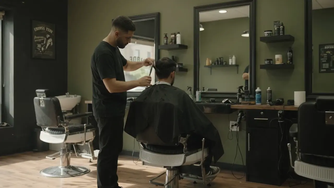 Barbeiro cortando o cabelo de um cliente, visto de lado.