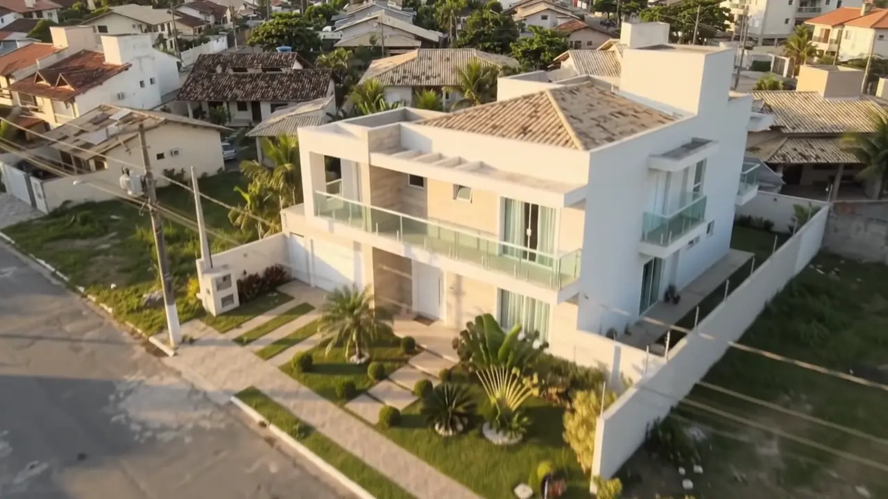Vista aérea de uma casa de dois andares em um bairro residencial.