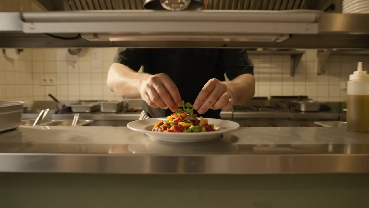 Salão de um restaurante visto da porta, com a cozinha ao fundo.